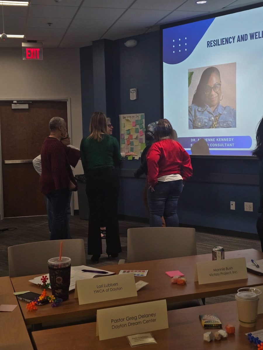 Participants gathered at a joy reflection wall during a session