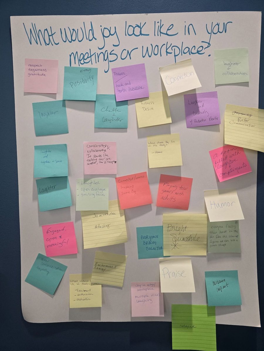 Sticky-note wall answering: what would joy look like in your meetings or workplace